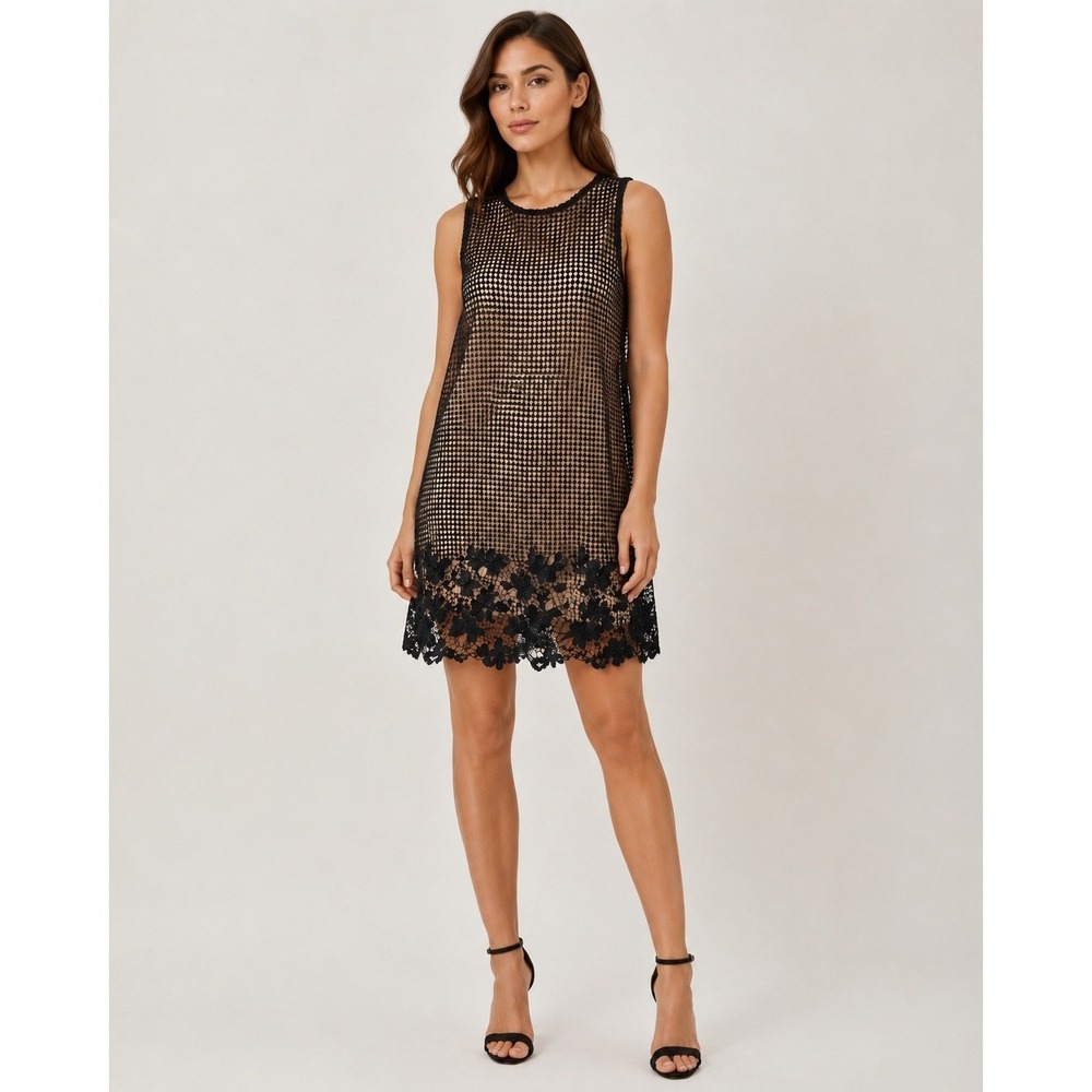 Dress Forum Shift Dress Womens Small Black Crochet Overlay Nude Slip Zip Back